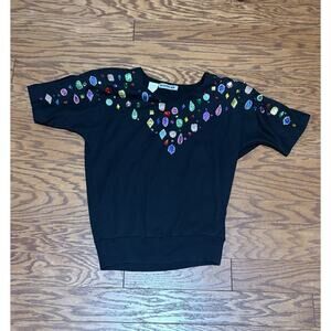MarieaKim Women's Black Diamond Beaded Short Sleeve Blouse Top Shirt, Sz M